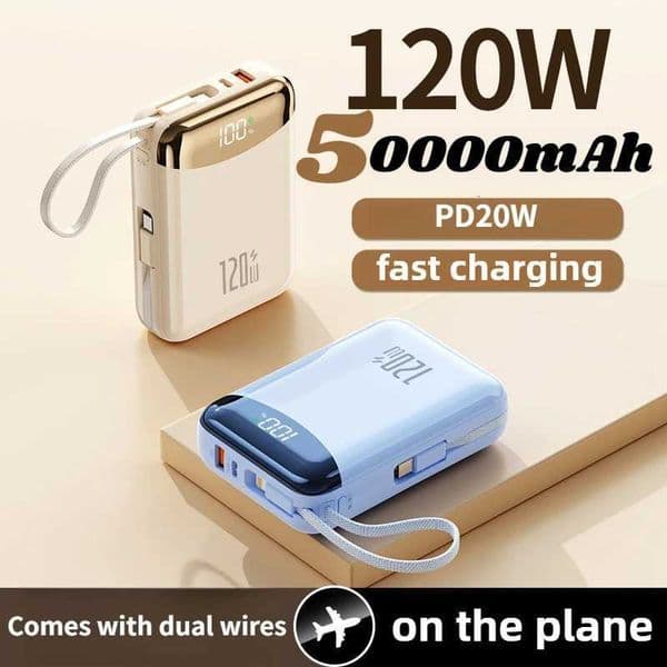 50000mAh 120W Fast Charging Power Bank Built-in 2 Cables Portable Charger for IPhone 13 14 15 H251118