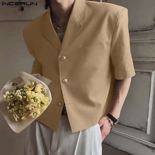 Mens Jacket Solid Color Collar Short Sleeve Button Elegant Casual Set Street Clothing Fashion Thin Coat INCERUN 250418BJ