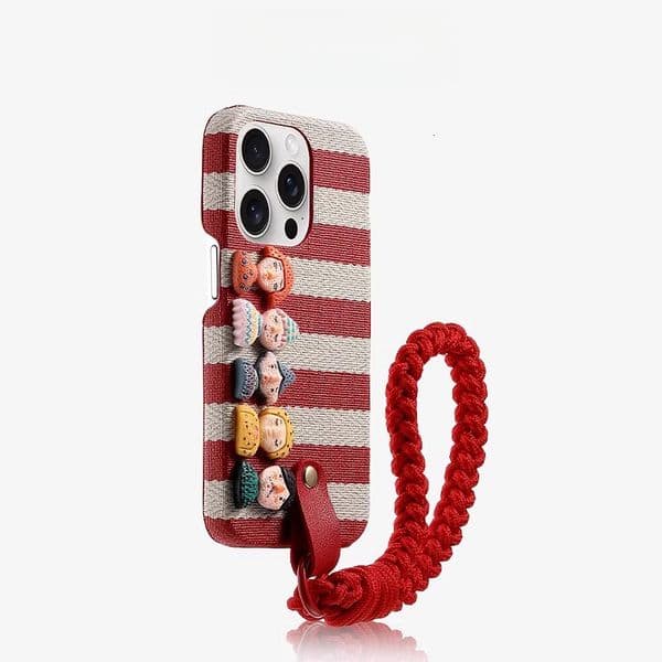 Striped Fun Doll Phone Case Compatible with iPhone 16/15 Pro Max New High-end Feel Lanyard Shockproof Protective Case