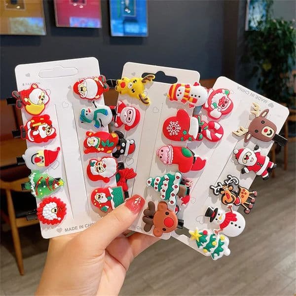 10Pcs/Set Christmas Hairpins Children Cartoon Santa Claus Snowman Elk Bow Hairpins Hair Bun Headdress Bb Clips 251111