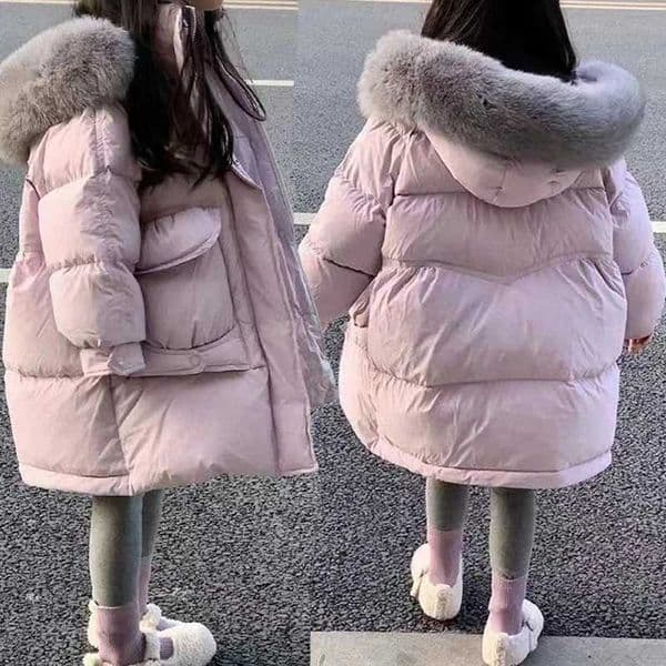-30 Winter New Girls Jacket Long Solid Color Thick Warm Big Fur Collar Hooded Zipper Coat For 3-12Y Teen Kids Cotton ParkaT251118