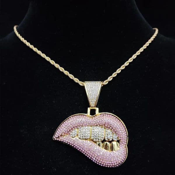 Unisex Hip Hop Fashion Bite Lip Pendant Charm Necklace with Crystal Accents - Cuban Chain Bling Accessory