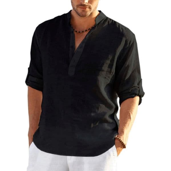 Casual shirt loose cotton mens fashionable stand up collar solid color long sleeved Tshirt handmade slim fit top 250418BJ