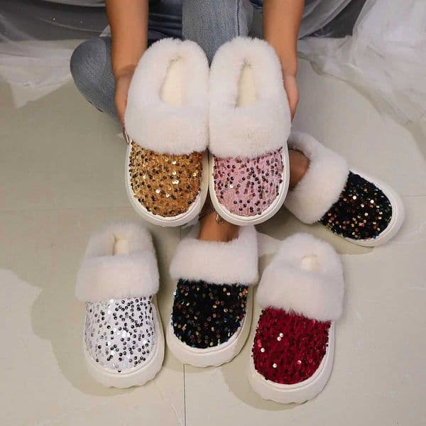 2025 Women Sequins Cotton Slippers Winter New Designer Warm Fashion Causal Bedroom Slippers Luxury Closed Toe Slides for Women L251117EG9Z