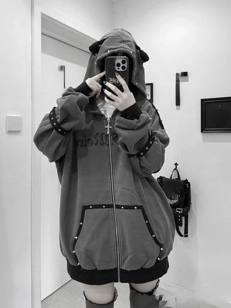 Women Hoodies Clothing Punk Sweatshirts Harajuku Streetwear Retro Hooded Jackets Japanese Rivet Print Casual Zipper Coat Fashion 251113