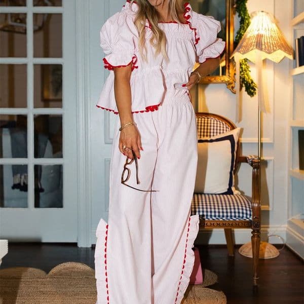 2026 Women Christmas Plaid Pajama Y2k Ruffle Hem Puff Sleeve Doll Shirt Gingham Pants 2 Piece Pj Sleepwear Party Lounge Set 251113 Free Shipping