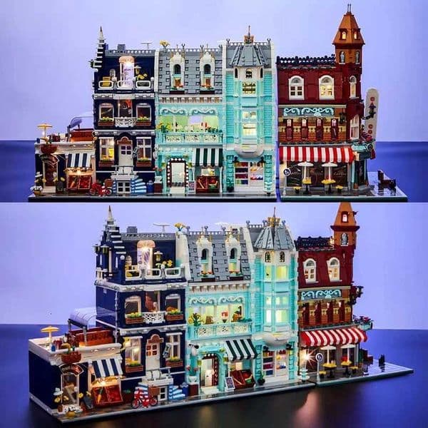 City Town Street View Corner Coffee Shop Grocery Store Building Blocks Mini Bricks Bank Architecture With Lights Toys Child Gift X251118