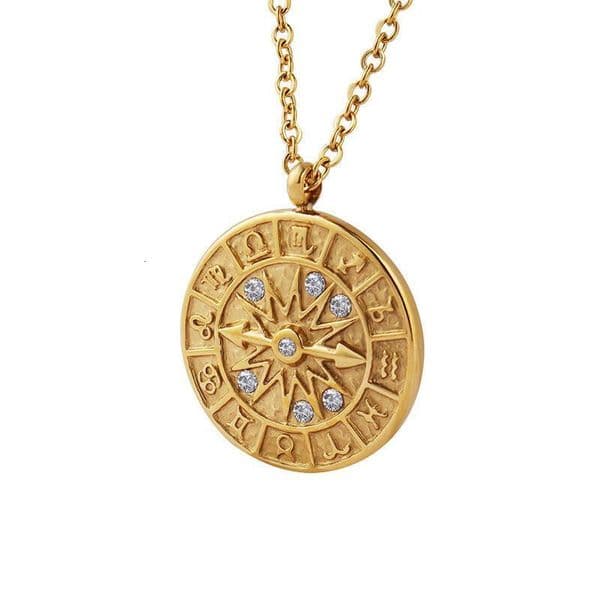 Style round plaque inlaid with zircon relief constellation dial, clockwise pendant necklace, titanium steel gold-plated