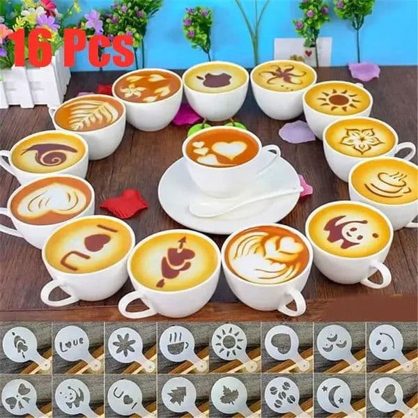 16Pcs/Set Coffee Mold Latte Cappuccino Barista Art Stencils Cake Duster Templates Coffee Accessories Milk Mold Coffe Decoration 250414