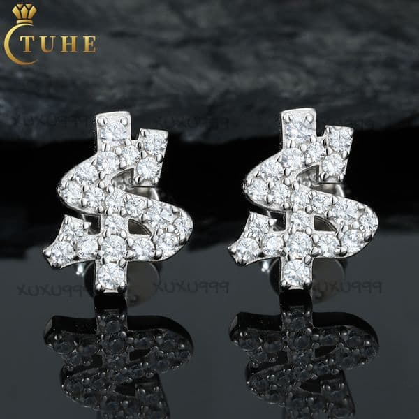 Full Hypoallergenic Iced Out Moissanite Stud Earring Hip Hop 925 Sterling Silver Dollar Sign Jewelry Earring for Men Women