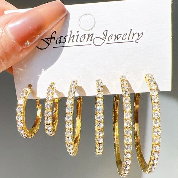 6piece Exaggerated large goldplated crystal ring earring set suitable for womens shiny round earrings party jewelry gifts 250415