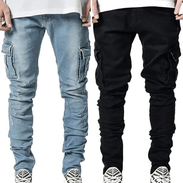 Mens Fahsion Elastic Slim Fit Jeans Men Cargo Denim Pants Solid Color Multi Pockets Casual Skinny Male Trousers mens clothing 251112