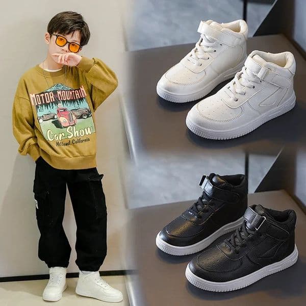 Spring Fleece-Lined Sneakers White Casual High-Top Student Shoes Breathable Rubber Sole Childrens Lei 251114 XJ260122