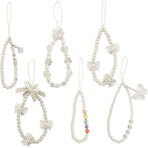 6 PCS Charms, Pearl Phone Strap, Cute Beaded Wrist Strap Camera Keychain Wallet Pendant Decor for Women