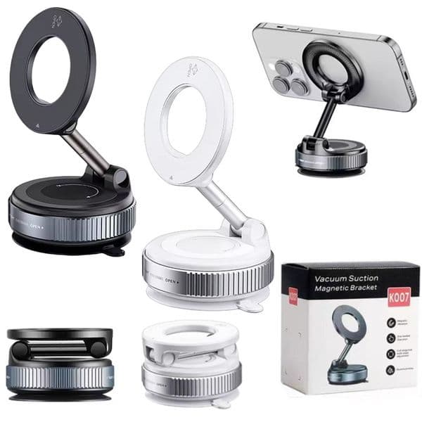 Magnetic Car Phone Holder With Base Pad Foldable Design 360° Adjustable Rotation Folding Strong Vacuum Suction Cup Mount For 17 16 Pro Max Smartphones/Car/Bathroom