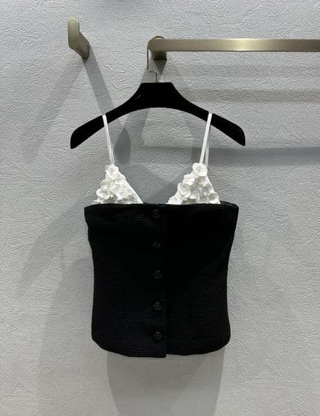 2025 Black Mini Designer Tops High End Solid Flowers Strapless Straps Summer New Tweed Short Tops Designer Womens 41904