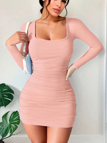 Autumn Long Sleeved Ice Silk Dress Square Neck Pleated Sexy Blue Tight Vest Short Skirt 250417