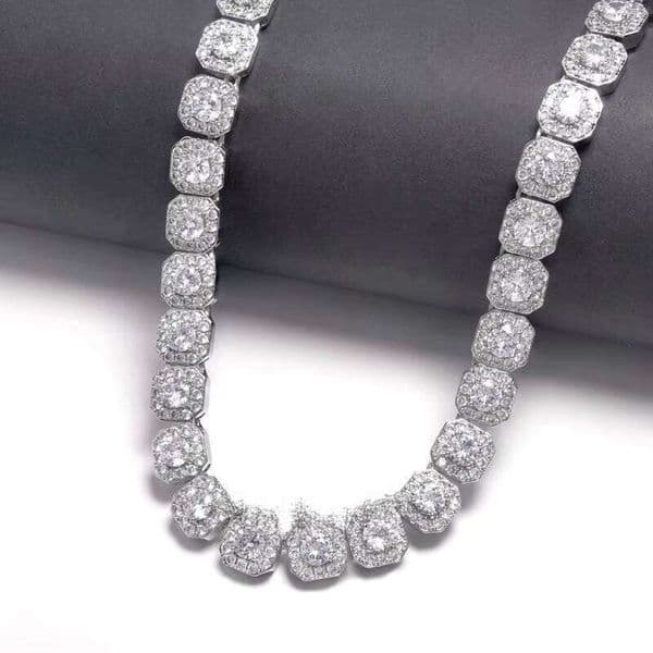 Hiphop Sugar Micro Cluster Tennis Chain 10mm/12mm Sier Ice VVS Square Carbon Silicon Stone Necklace
