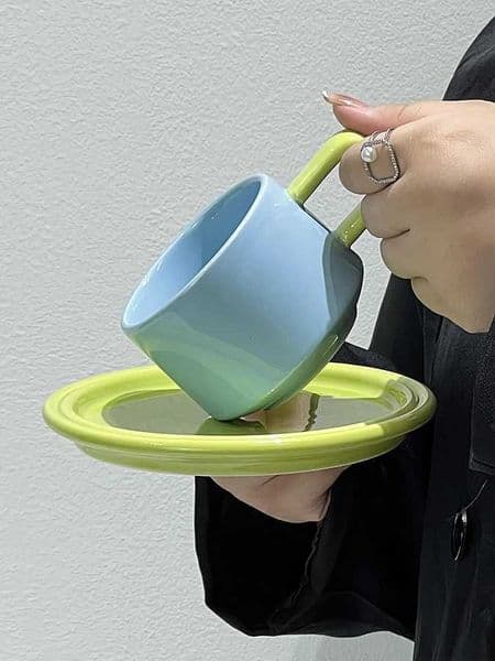 Niche Coffee Mug with Dessert Plate Ins Contrast Color Afternoon Tea Ceramic Mug High Beauty Breakfast Milk Cups Tableware Y251119