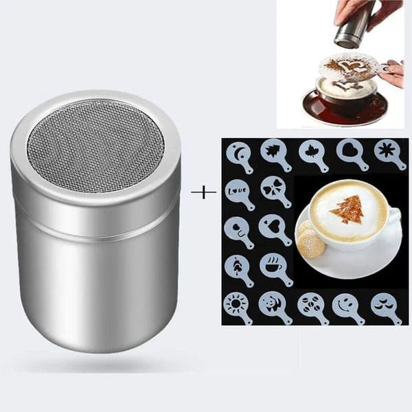 Stainless Steel Chocolate Shaker Cocoa Flour Coffee Sifter 16Pcs Coffee Stencils Template Strew Pad Duster Spray 250414