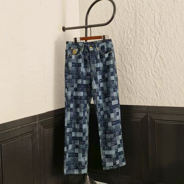 Designer Correct Version 25SS Autumn Winter New Luxury Collaboration Plaid Leather Label Denim Straight Long Pants Factory Direct