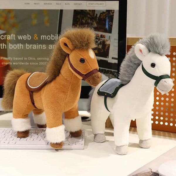 15cm Simation Brown Plush Toys White Horse Stuffed Soft Dolls With Saddles Chinese New Year Mascot Gifts Z260131