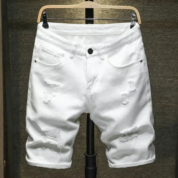 Streetwear Ripped White Denim Shorts Men Fashion Knee Length Jeans Simple Casual Slim Hole Short Pants Male 250520