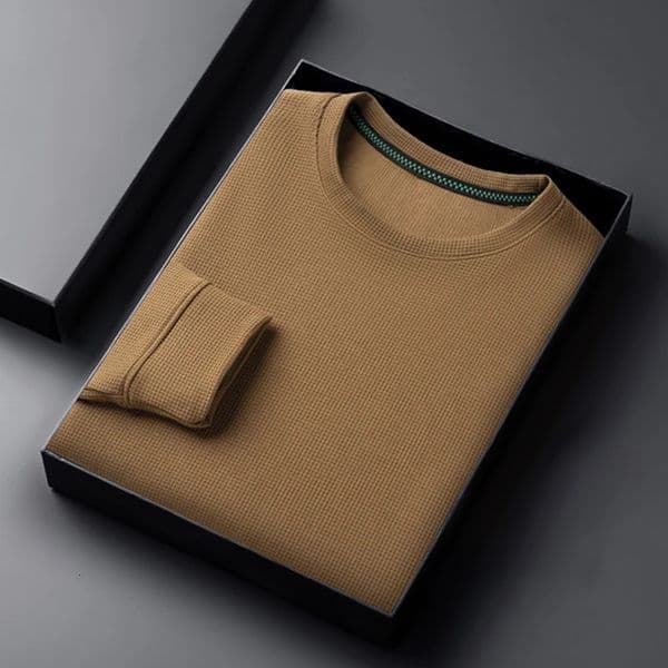 mens casual fashion long sleeved round neck T-shirt waffle comfortable top 250418