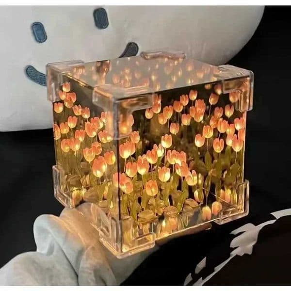 DIY Tulip Mirror Cube Lamp Simulation Flower Bedroom Sleeping Table Lamp Handmade Craft Tulips Mirror Night Light Birthday GiftW251120