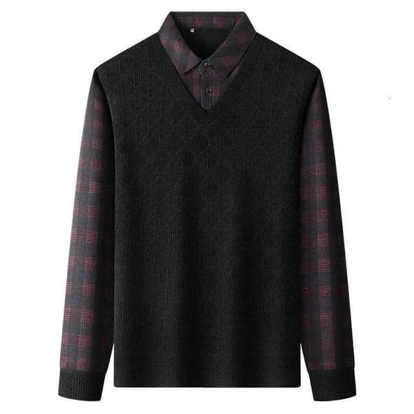 High End Quality Mens Lapel Fake Two-Piece Long Sleeve Knitwear Winter New Plaid Plush Thickening Fashion Business Menswear TopM251120