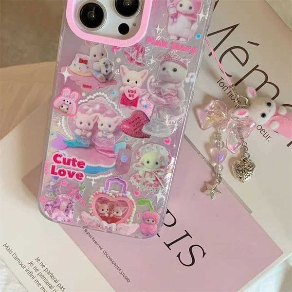 Luxury Laser Rainbow Cute Pink Heart Love Cat Cartoon Phone Case For iPhone 12 13 14 15 16 Pro Max Y2k 3D Furry Cat Doll LanyardW251120