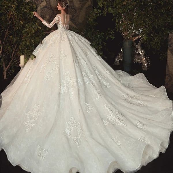 Royal Beading Pearls Appliques Lace Illusion Princess Ball Gown Wedding Dress With Long Sleeve Vestido De Noiva 1120