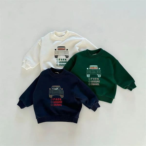 Little Car Print Sweatshirts Long-sleeved Tops Boys Child Fashion Casual Wear Round Neck Pullovers Green White Hoodie For Kids 251119BJ