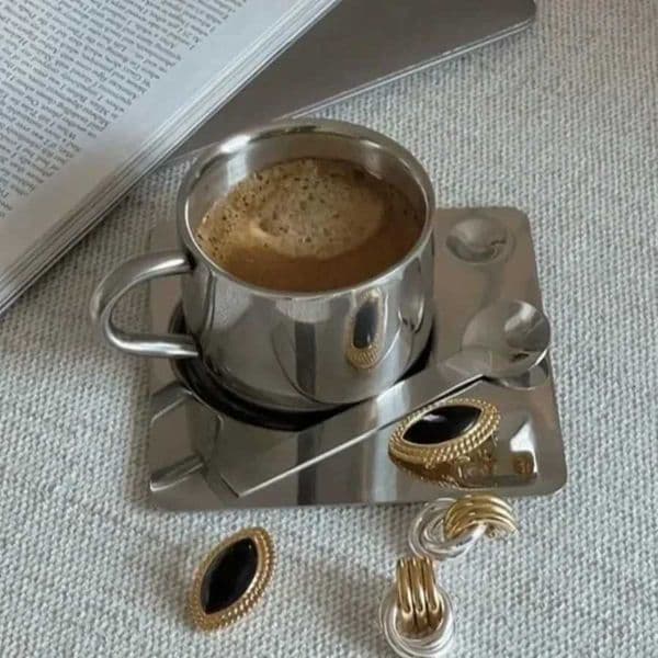 Minimalist Nordic Mug 3pcs Set 304 Stainless Steel Coffee Mug Heat Resistant Milk Cup with Saucer Spoon Placemat Tableware Set Y251119