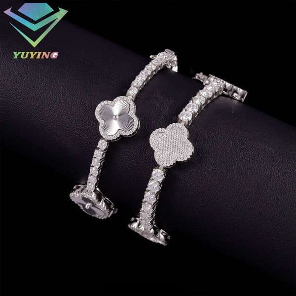 3mm 4mm Wide Sterling Sier Hip Hop VVS Moissanite Lucky Clover Tennis Bracelet