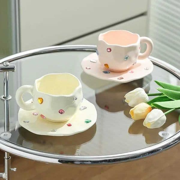 Luxury Heart-Shaped Gemstone Mugs Irregular Coffee Tea Cups Creative Ceramic Mugs Pink Color Hand Grip Breakfast Drinkware Y251119