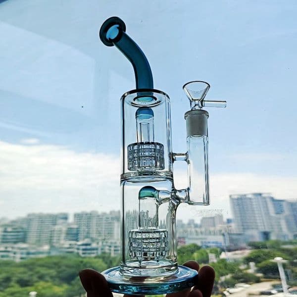 Blue Dark Green Double Matrix Bong Bubbler Arm Tree Perc Glass Water Pipes Thick Hookah Pipe for Smoking with 14mm Bowl or Banger