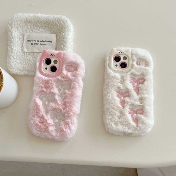 Korean INS Fluffy Embroidery Bowknots Pearls Cat Ear Lens Frame Phone Case for iPhone 16 15 14 13 Pro Max Back Phone Cover Capa Y251118 K260303