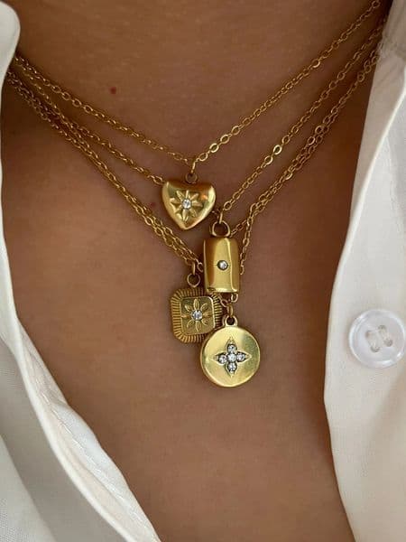 Perisbox Minimalist Fashion Stainless Steel Pendant Necklace Womens White Water Diamond Geometric Heart Star Burst Charm Jewelry 250421