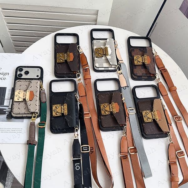 Lock Designer Card Pocket Phone Case for iPhone 17 Air 16 15 14 Plus 13 12 11 Pro Max Leather Luxury Shoulder Strap Cover Samsung S26 S25 Ultra S24 Galaxy S23 S22 S21 S20