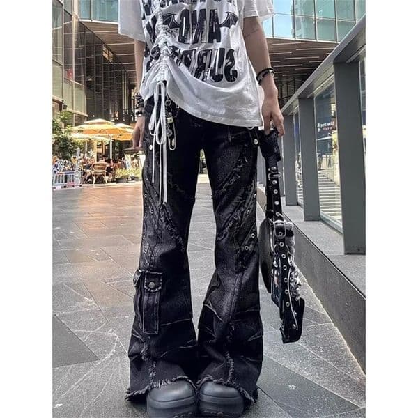Womens Y2k Baggy Flare Jeans Harajuku Japanese 2000s Style Patchwork Denim Trouser Vintage Oversize Cargo Pants Clothes 251120BJ