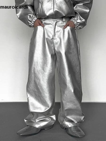 Mauroicardi Spring Autumn Cool Silver Bag Shining Pu Leather Wide Leg Mens Pants High Quality Trouser Clothing 250409ZBANJIA