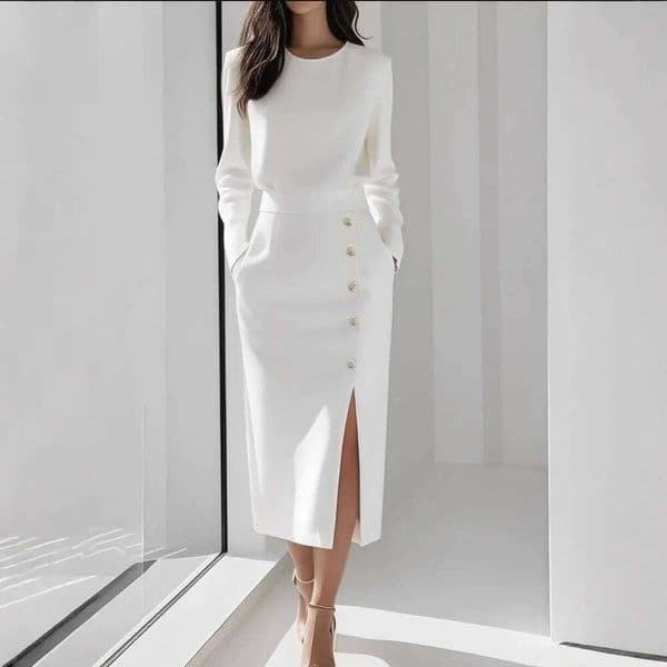Elegant Long Sleeve Round Neck Waist Cinched Button Decorated Split Women S Polyester Fiber Pure Color Midi Dress