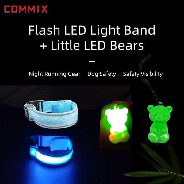 COMMIX--2 Blue Strips + 2 Green Bears,Smart Light Sensing Set: LED safety strips + glowing bears. Outdoor sports/night commute/family trips. Dual-mode warning.