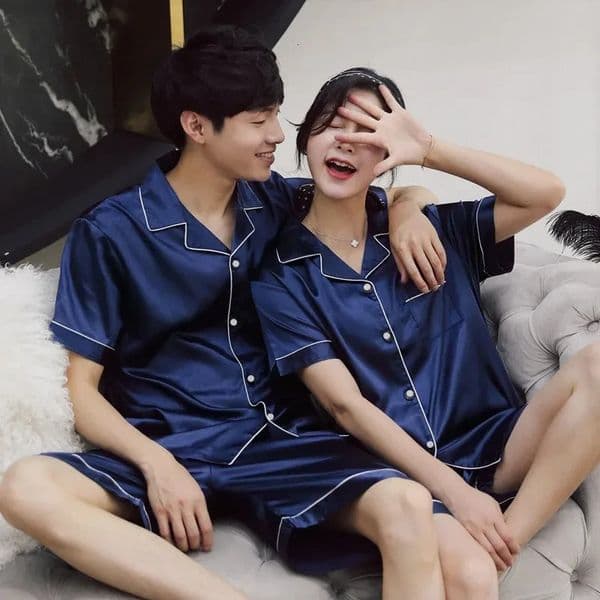 Solid color sleepwear silk satin couple set short sleeved womens casual plus size Pj 250421