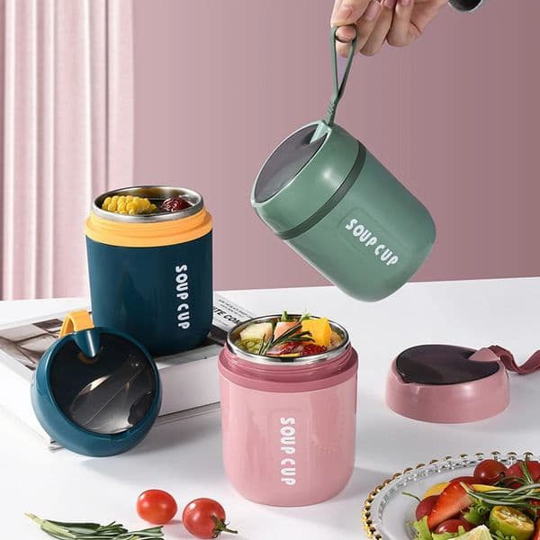 480ml stainless steel lunch foil cup with folding spoon portable food leak proof soup for children and adults 250421