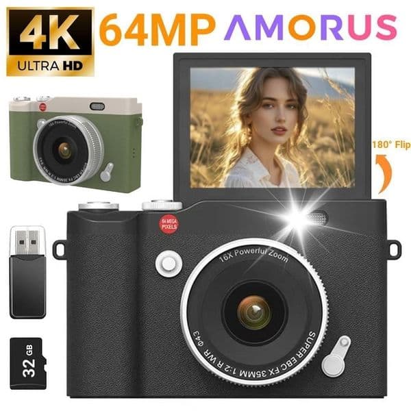 4K Digital Camera 16X Digital Zoom CCD Retro Video Recorder 24 Inch 180 Flip Screen Selfile Compact Digital Pography Camera 251114ww