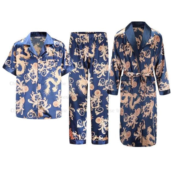 Printed sleepwear mens satin set ice silk shirt and pants long sleeved bathroom gown lounge suit with pockets 250421
