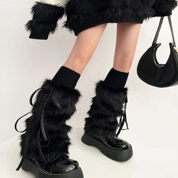 Punk Black Leg Warmers Thickened Imitation Rabbit Fur Women Gothic Bow Leggings Boots Cover Punk Harajuku Party Accessories251120
