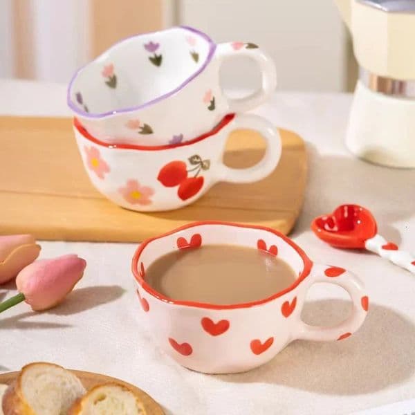 Ceramic cup with rabbit handle spoon irregular shaped coffee milk tea breakfast oatmeal beverage kitchen 250421